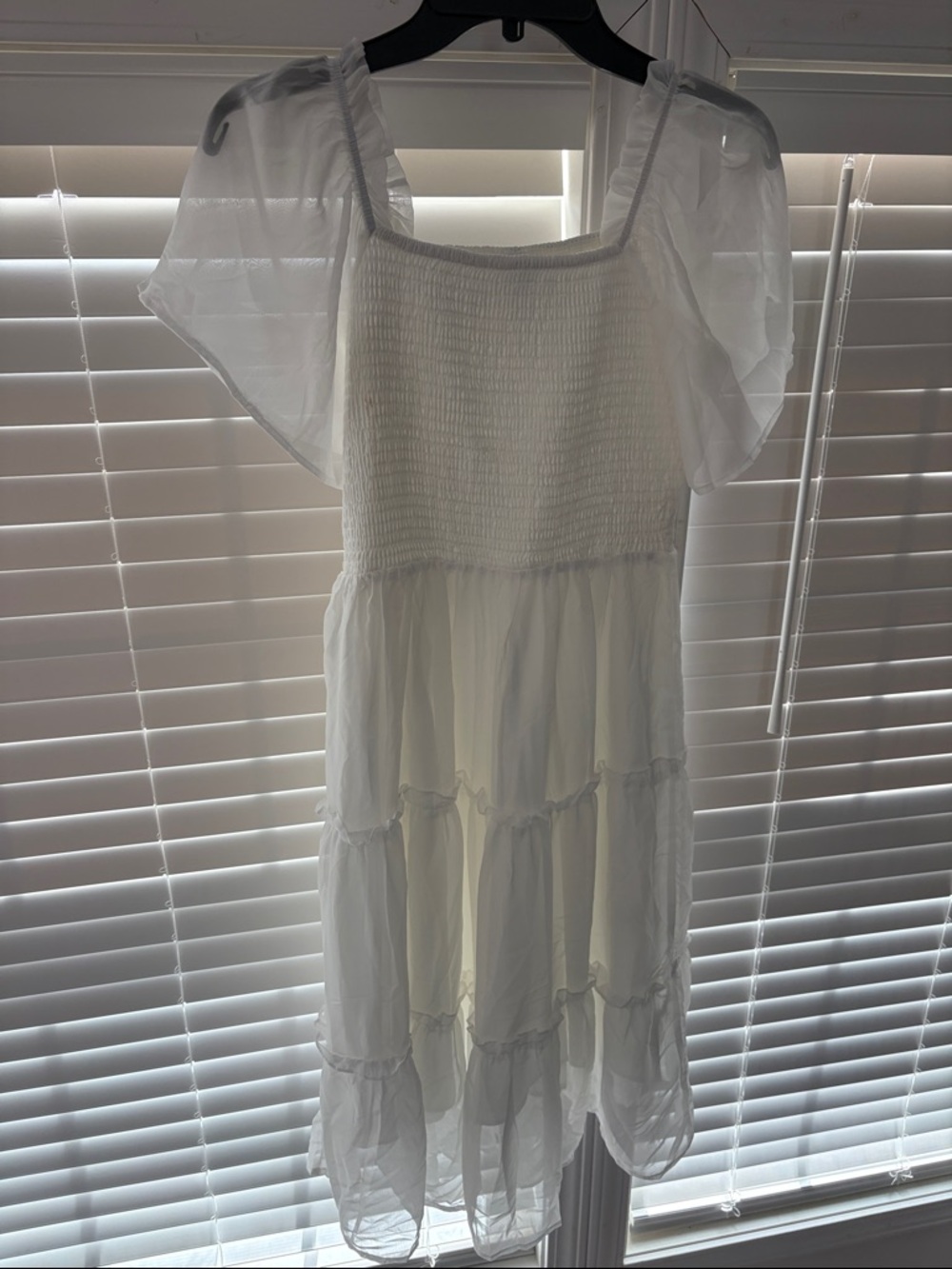 White Puff-Sleeve Smocked Bodice Tiered Midi Dress